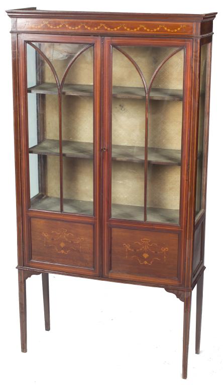 Appraisal: EDWARDIAN INLAID MAHOGANY VITRINE CABINET the moulded cornice above a