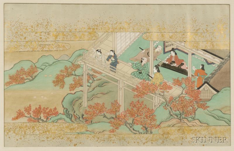 Appraisal: Scroll Painting Japan th century scene of courtiers viewing autumn