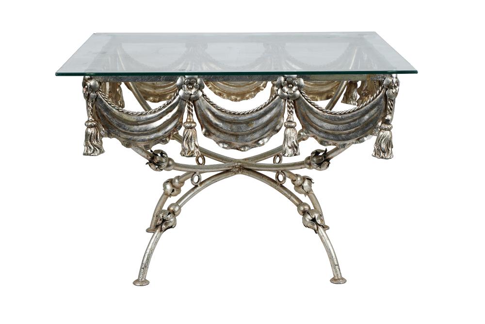 Appraisal: NEOCLASSIC STYLE SILVERED METAL GLASS END TABLE inches square inches