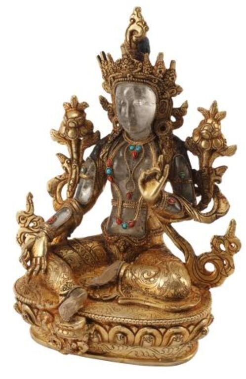 Appraisal: Jeweled bronze dore and rock crystal seated Buddhist deity small