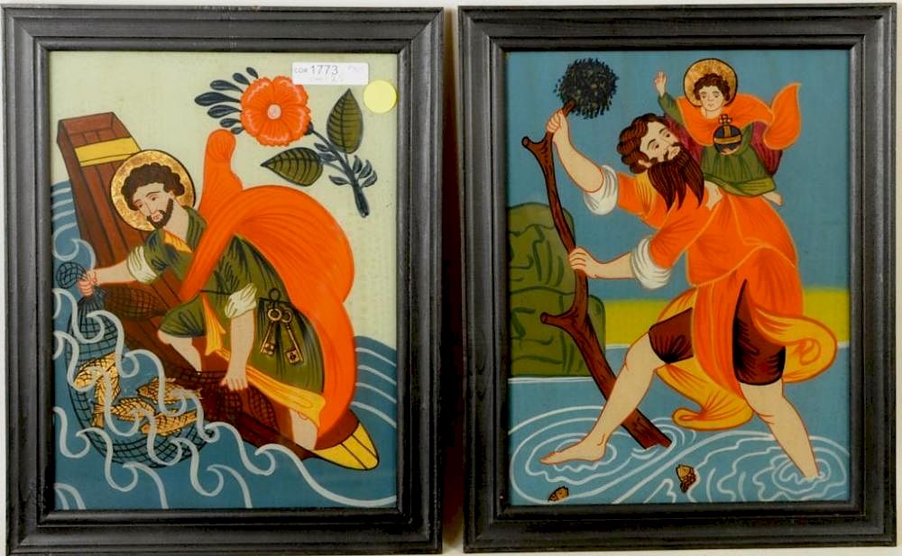 Appraisal: Pair German Religious Reverse Glass Paintings Pair German religious reverse