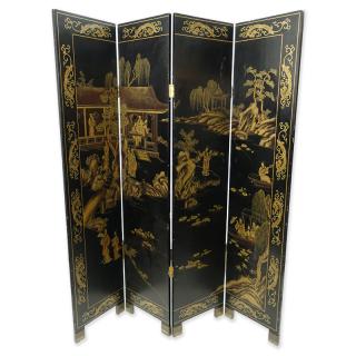 Appraisal: Modern Chinese Lacquered Panel Screen Village scene to with flower