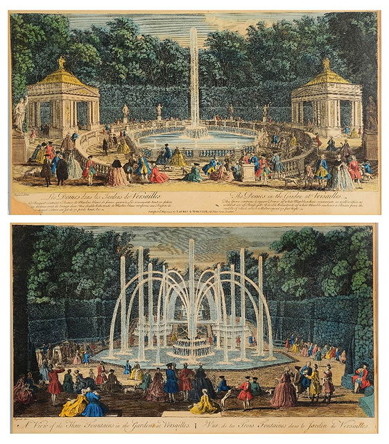 Appraisal: A PAIR OF COLOURED PRINTS of Versailles after Rigaud published