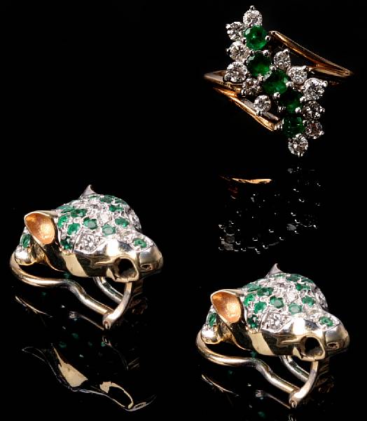 Appraisal: A collection of emerald diamond and gold jewelry featuring two