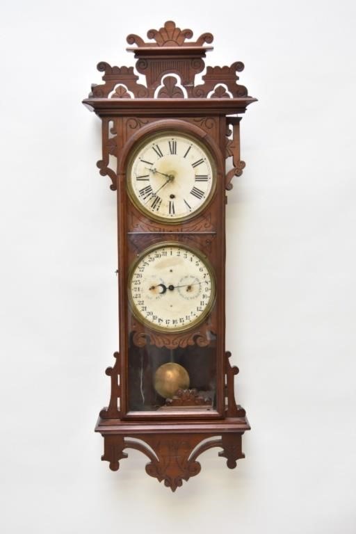 Appraisal: Welsh Damrosh walnut carved double dial wall clock with Gale's