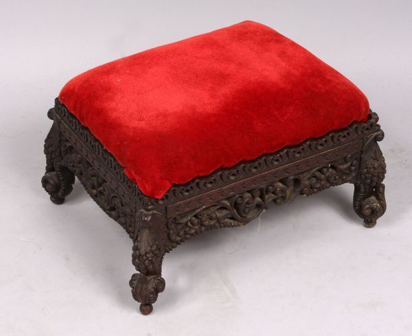 Appraisal: Heavily carved and upholstered Chinese or Anglo-Indian foot stool h