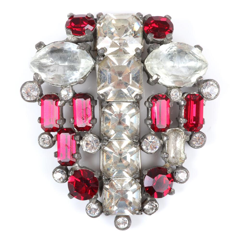 Appraisal: EISENBERG ORIGINAL SHIELD FORM BROOCH WITH HUGE RUBY RED EMERALD