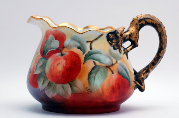 Appraisal: Limoges squat pitcher with scalloped rim handpainted with apples signed