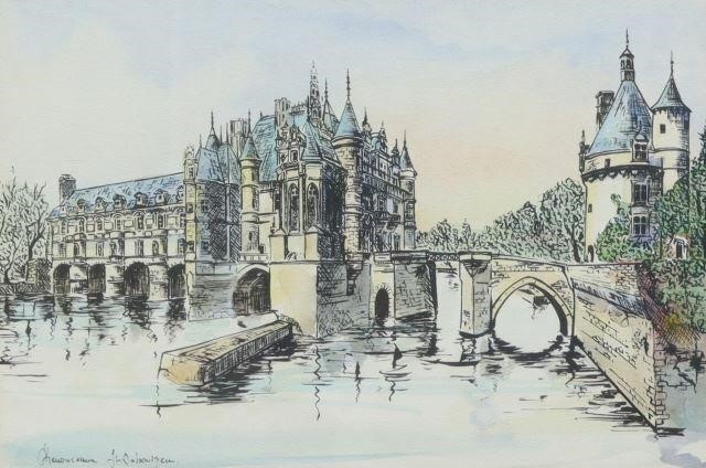 Appraisal: Framed hand-colored print on paper Chenonceaux titled and signed in