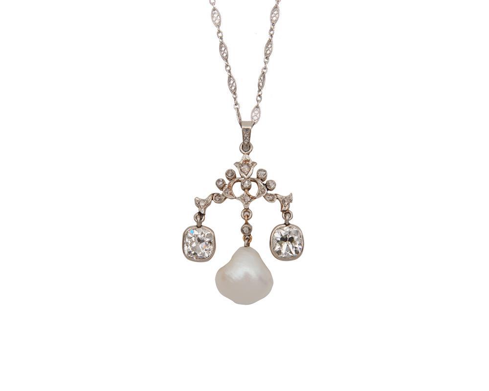 Appraisal: Platinum Gold Pearl and Diamond Pendant ca the open-work platinum-topped-