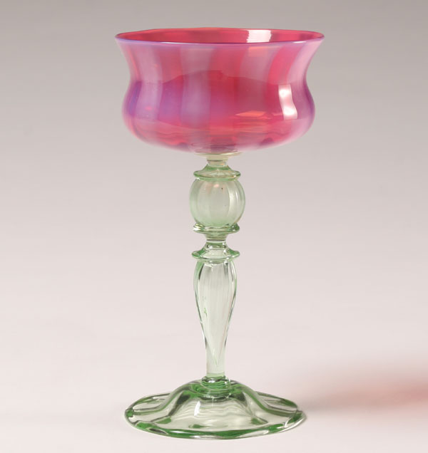 Appraisal: Tiffany pastel art glass goblet pink vertical stripes decorate bowl