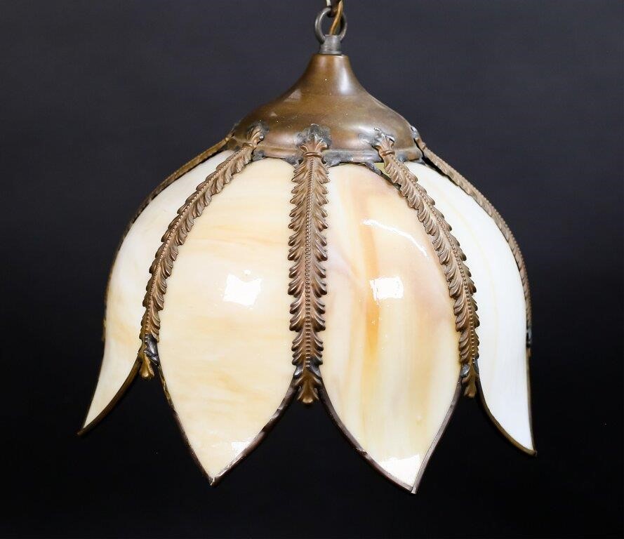 Appraisal: Tulip form hanging pendant light with caramel slag glass panels