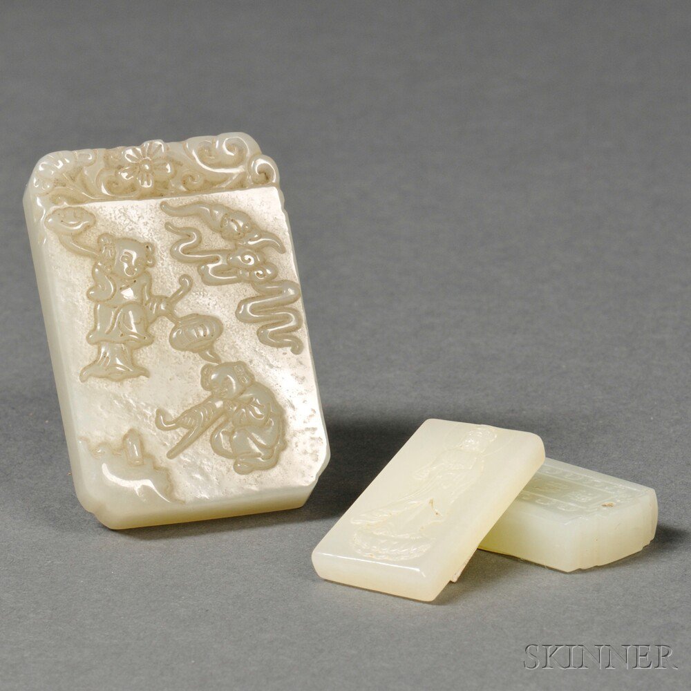 Appraisal: Three Jade Plaques China th century depicting two children at