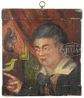 Appraisal: FOLK ART PAINTING OF BOY WITH CANARY AND SQUIRREL Early