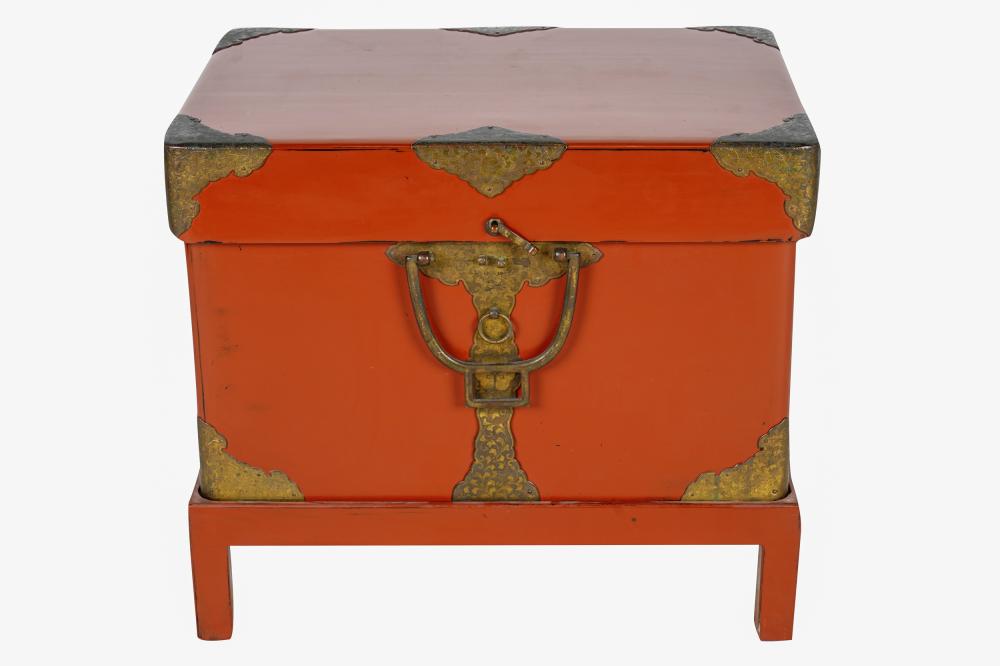 Appraisal: RED LACQUERED TRUNK ON STANDwith metal mounts inches wide inches