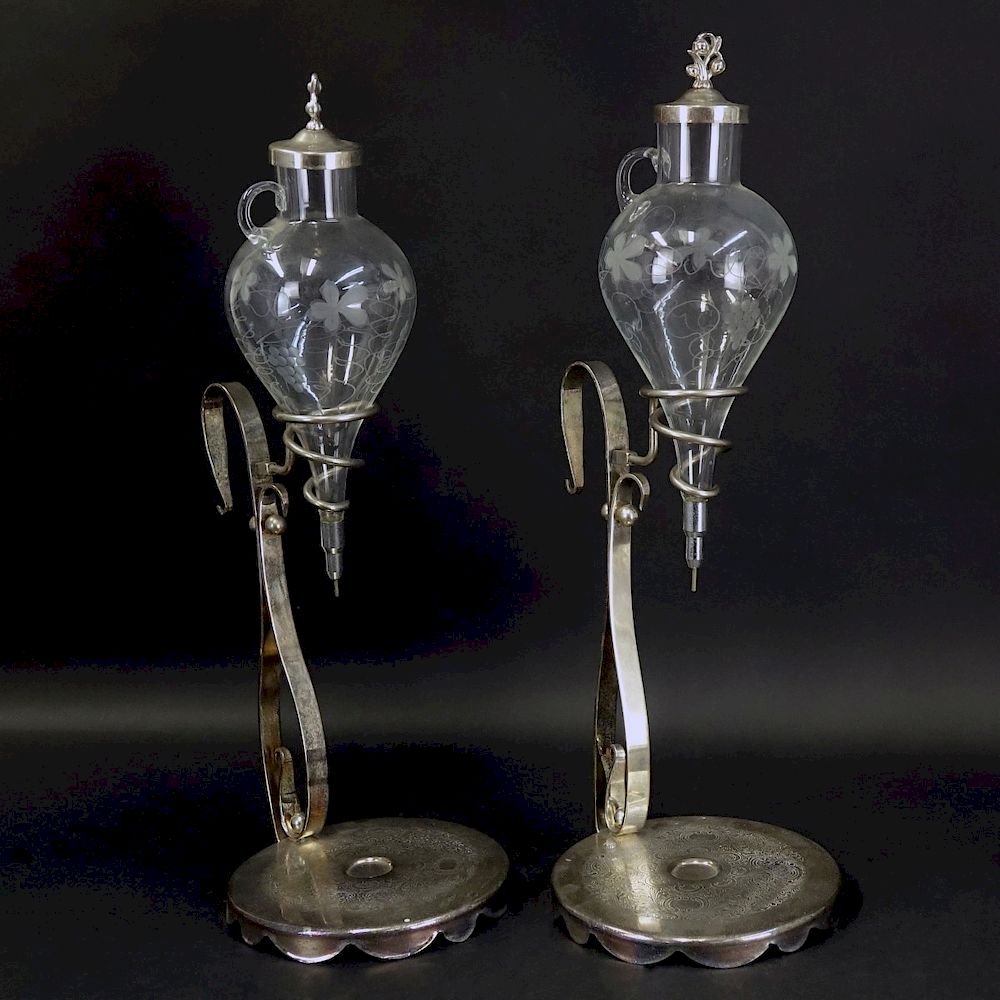 Appraisal: Pair Antique Silver Plate Glass Wine Aerators Pair Antique Silver