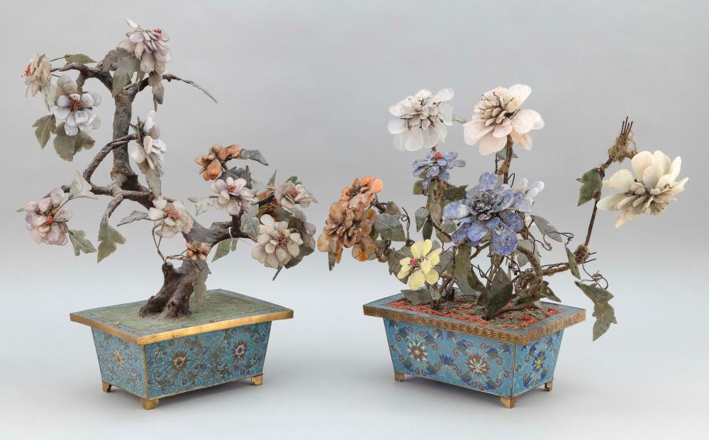 Appraisal: PAIR OF CHINESE JADE AND HARDSTONE TREES CIRCA HEIGHTS BASES