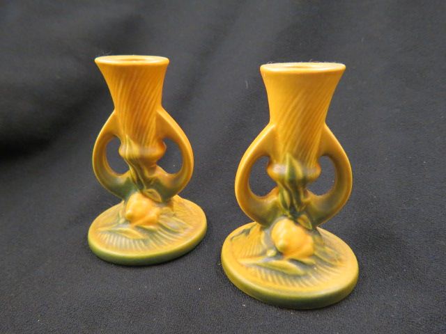 Appraisal: Roseville Pottery Peony Candlesticks yellow green 's excellent