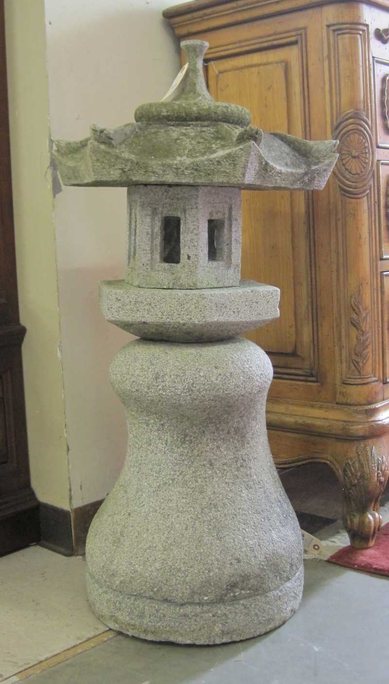 Appraisal: THREE ASIAN STYLE STONE GARDEN SCULPTURES H granite pagoda lantern