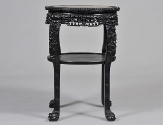 Appraisal: CARVED HARDWOOD SIDE TABLE Chinese With scalloped inset marble top