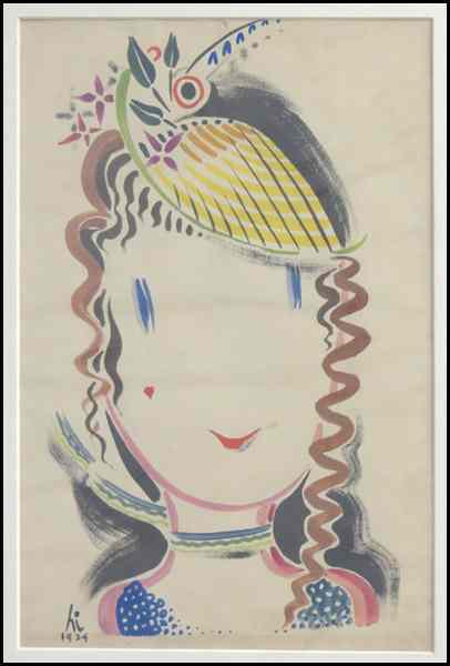 Appraisal: ARTIST UNKNOWN WOMAN WITH HAT Gouache on paper signed and