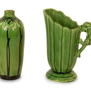 Appraisal: Two Green-Glazed Pottery Articles Early th Century comprising a vase