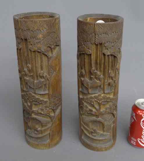 Appraisal: Pair Asian wooden brushpots '' Ht