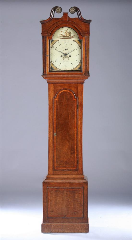 Appraisal: GEORGIAN STYLE INLAID CURLY-FIGURED ELMWOOD TALL-CASE CLOCK th century Thomas