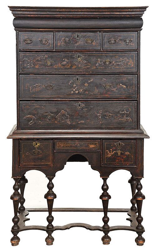 Appraisal: Rare American William and Mary Japanned High Chest Boston Massachusetts