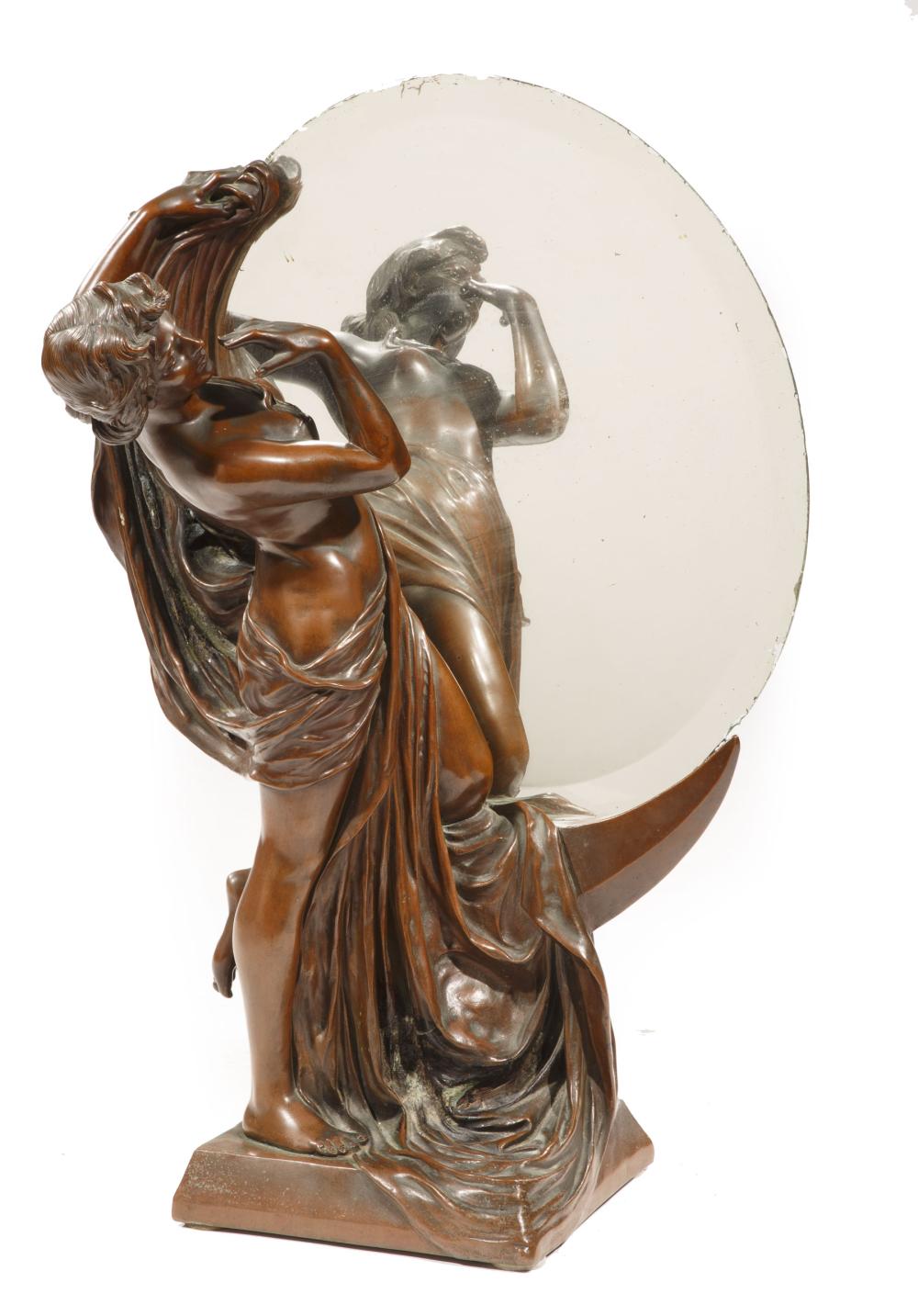 Appraisal: French Art Deco Copper-Clad Plaster Figural Mirror c draped maiden