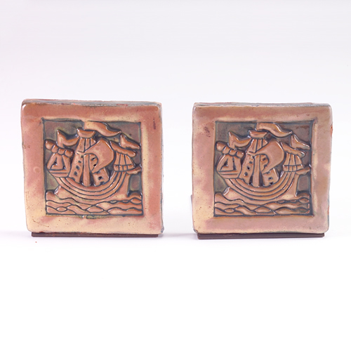 Appraisal: MORAVIAN Pair of tile bookends with a tall ship covered