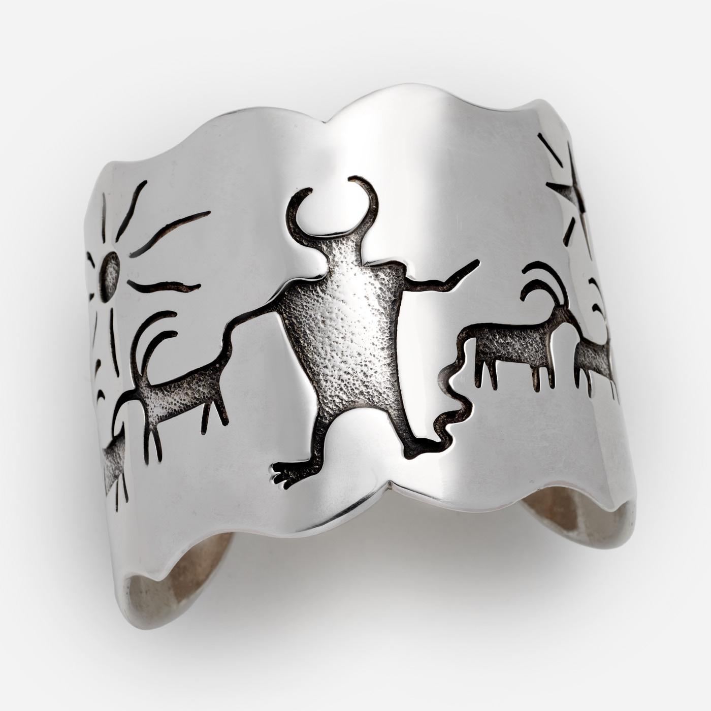 Appraisal: WALT DORAN SILVER OVERLAY CUFF SHEPHERD GOATS SCENE Walt Doran