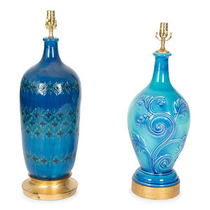 Appraisal: Two Blue Glazed Pottery Vases Mounted as Lamps TH CENTURY