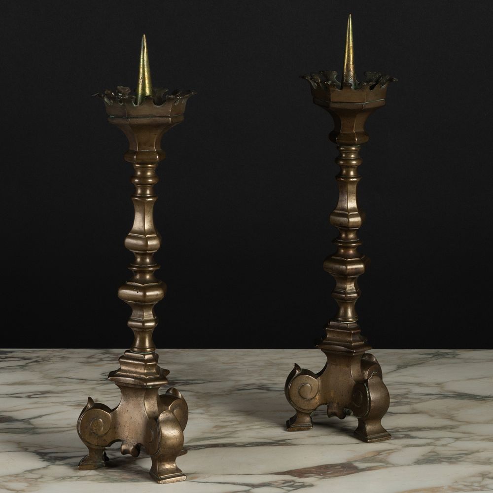 Appraisal: Pair of Italian Baroque Brass Pricket Candlesticks With serrated drip