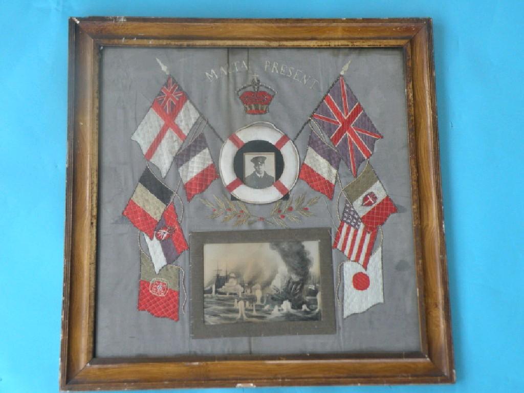 Appraisal: A WWI silk embroidered picture of Naval interest entitled Malta