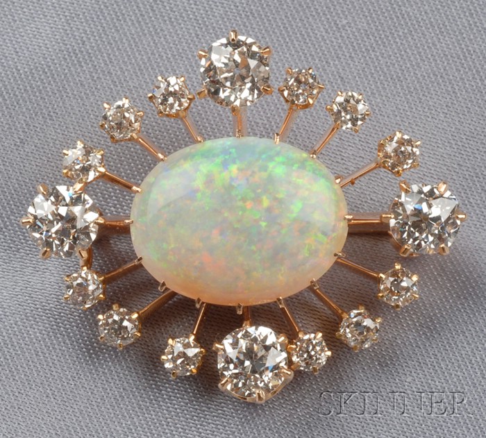 Appraisal: Antique Opal and Diamond Brooch centering a cabochon opal framed