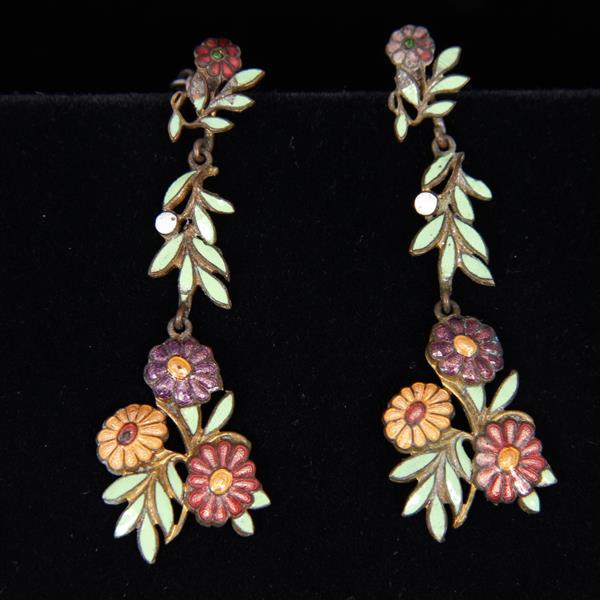 Appraisal: Antique Floral Enamel Dangle Earrings Wear some loss to enamel