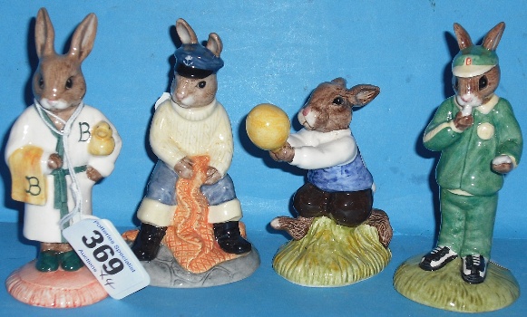 Appraisal: Royal Doulton Bunnykins Figures Fisherman DB Stopwatch DB Bathtime DB