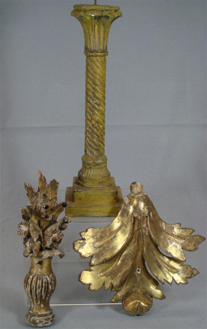 Appraisal: carved gilt wood decorative elements with a gilt wood candle