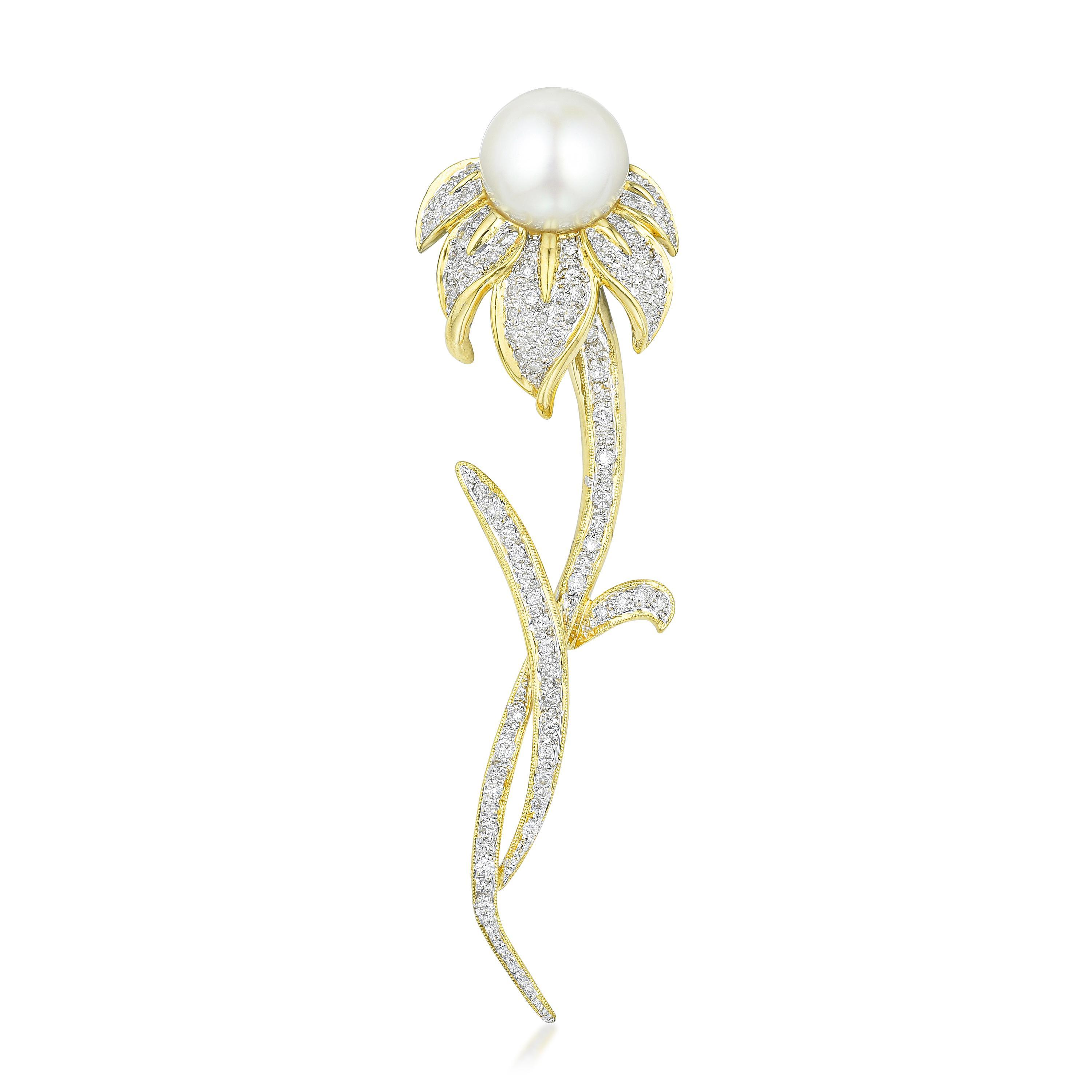 Appraisal: PEARL AND DIAMOND FLOWER BROOCH METAL K yellow and white