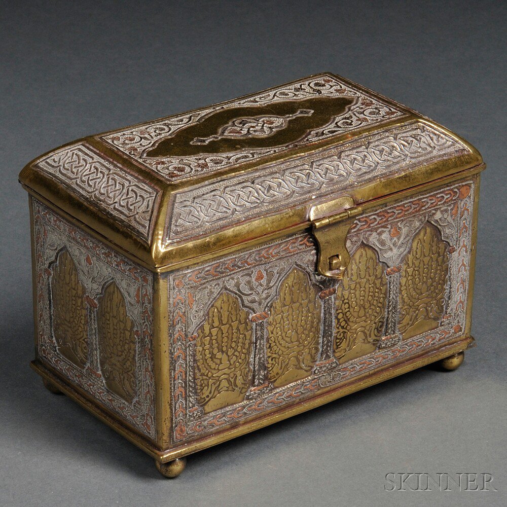 Appraisal: Bezalel Brass and Mixed-metal Box Jerusalem early th century paneled