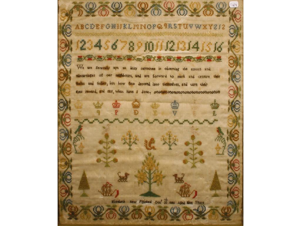 Appraisal: A NEEDLEWORK SAMPLER worked with a central bouquet of flowers