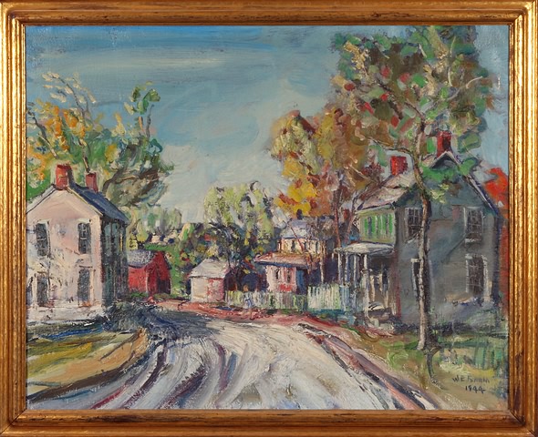 Appraisal: Berks County Village village landscape with female figure oil on