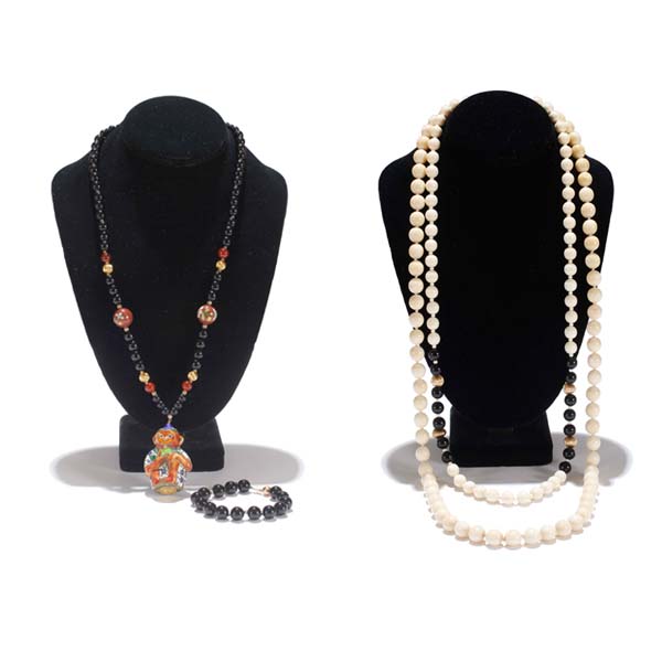 Appraisal: Four beaded jewelry pieces featuring ivory jet K gold carnelian