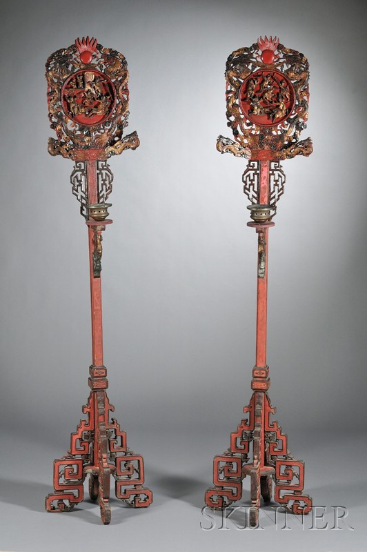 Appraisal: Two Lamp Stands China th century softwood four-part base carved