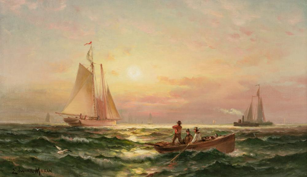 Appraisal: EDWARD MORAN American - Shipping at Sunset oil on canvas