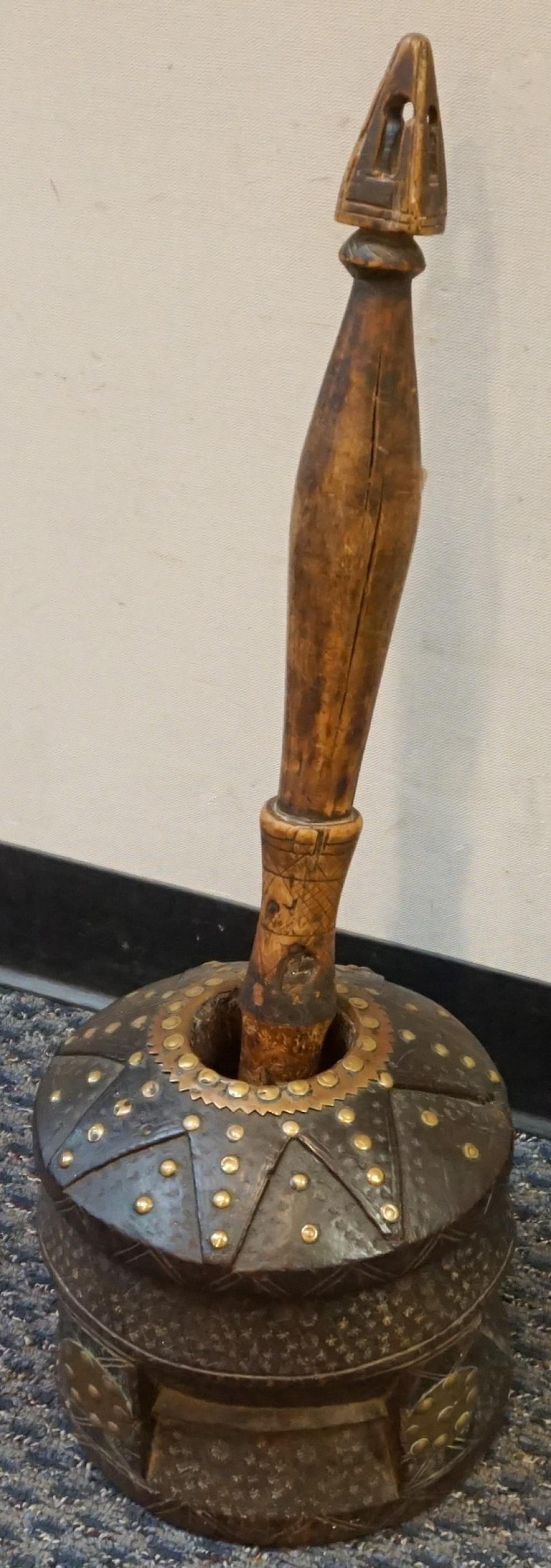 Appraisal: Bedouin Brass Mounted Carved Wood Mortar and Pestle