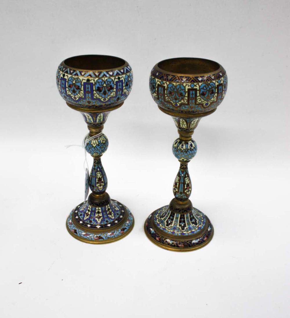 Appraisal: PAIR OF FRENCH CHAMPLEVE ENAMELED BRONZE GOBLETS each with polychrome