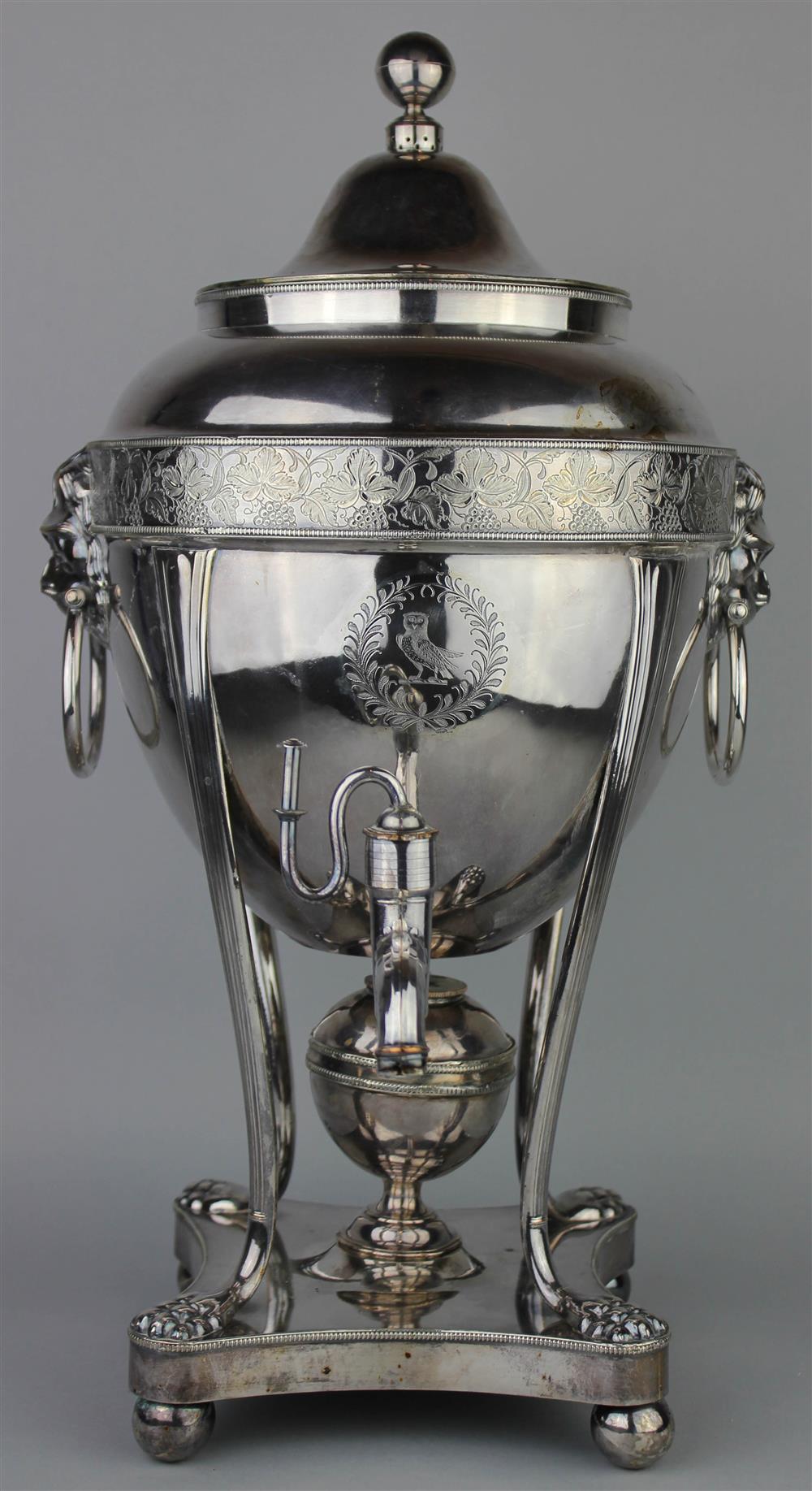 Appraisal: GEORGE III STYLE SILVERPLATED CRESTED TEA URN with ball finial