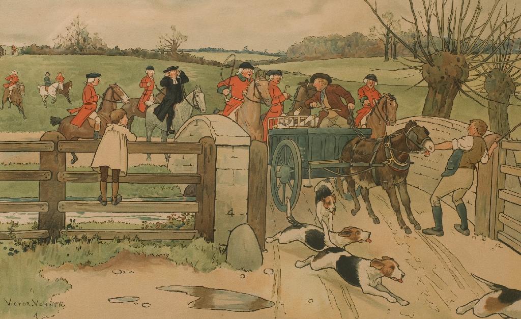 Appraisal: VICTOR VENNER THE MOWBRAY HUNT CHECKED chromolithograph in an oak